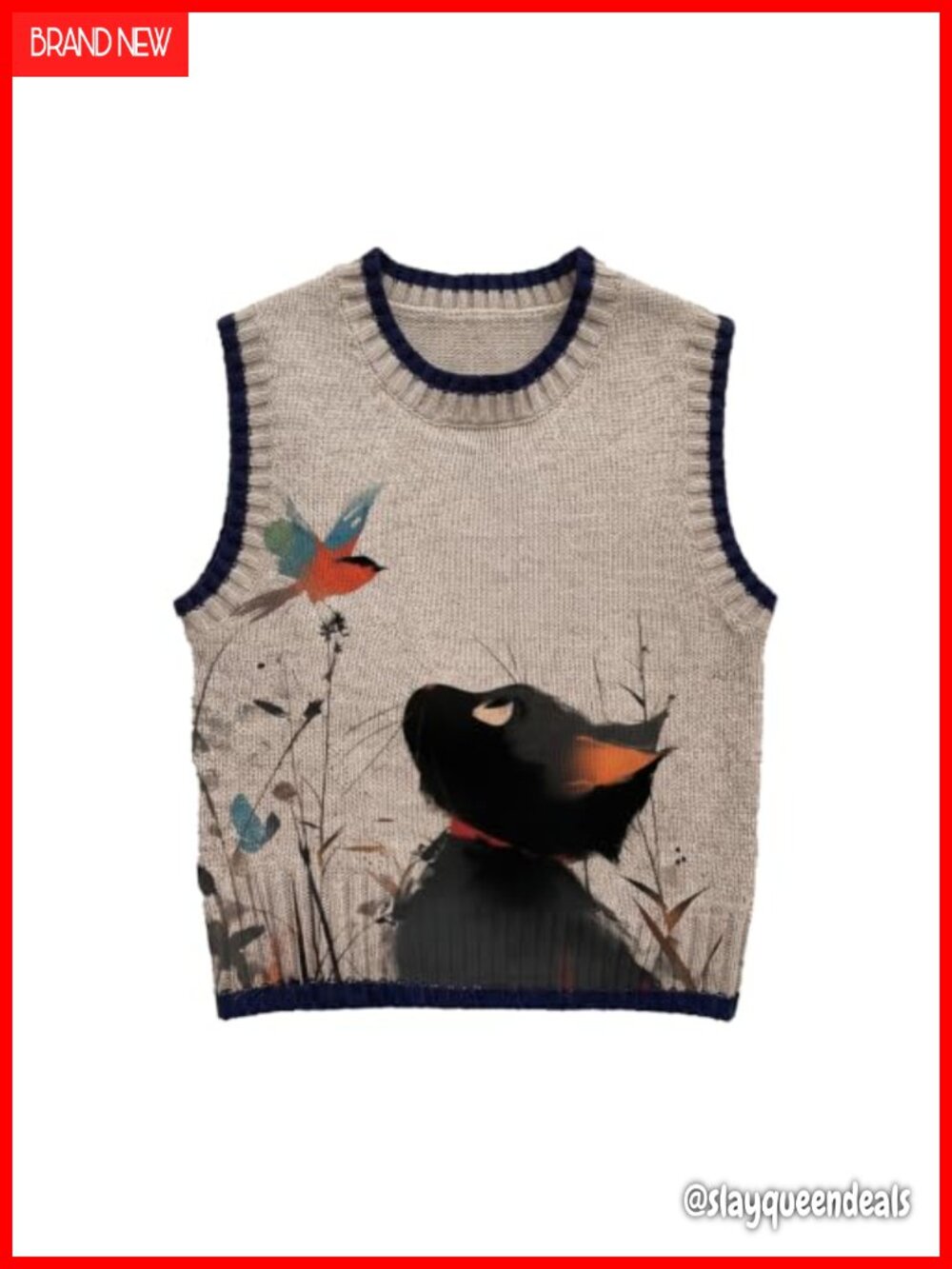 Boho Women Knit Vest Vintage Cat Bird Print Sleeveless Sweater Loose Layering